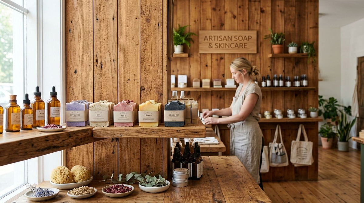 Wood panels for artisan soap and skincare boutique interiors