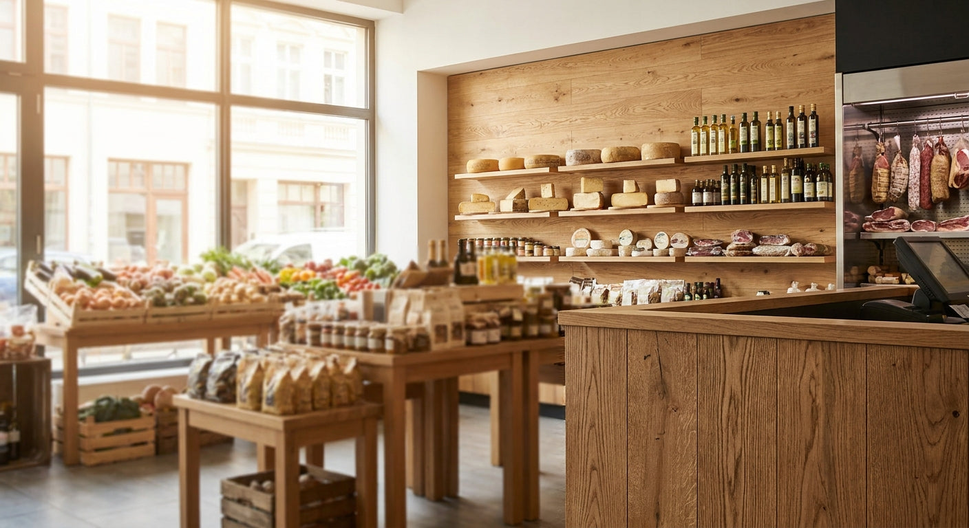 Wood panels for specialty grocery and gourmet food store interiors