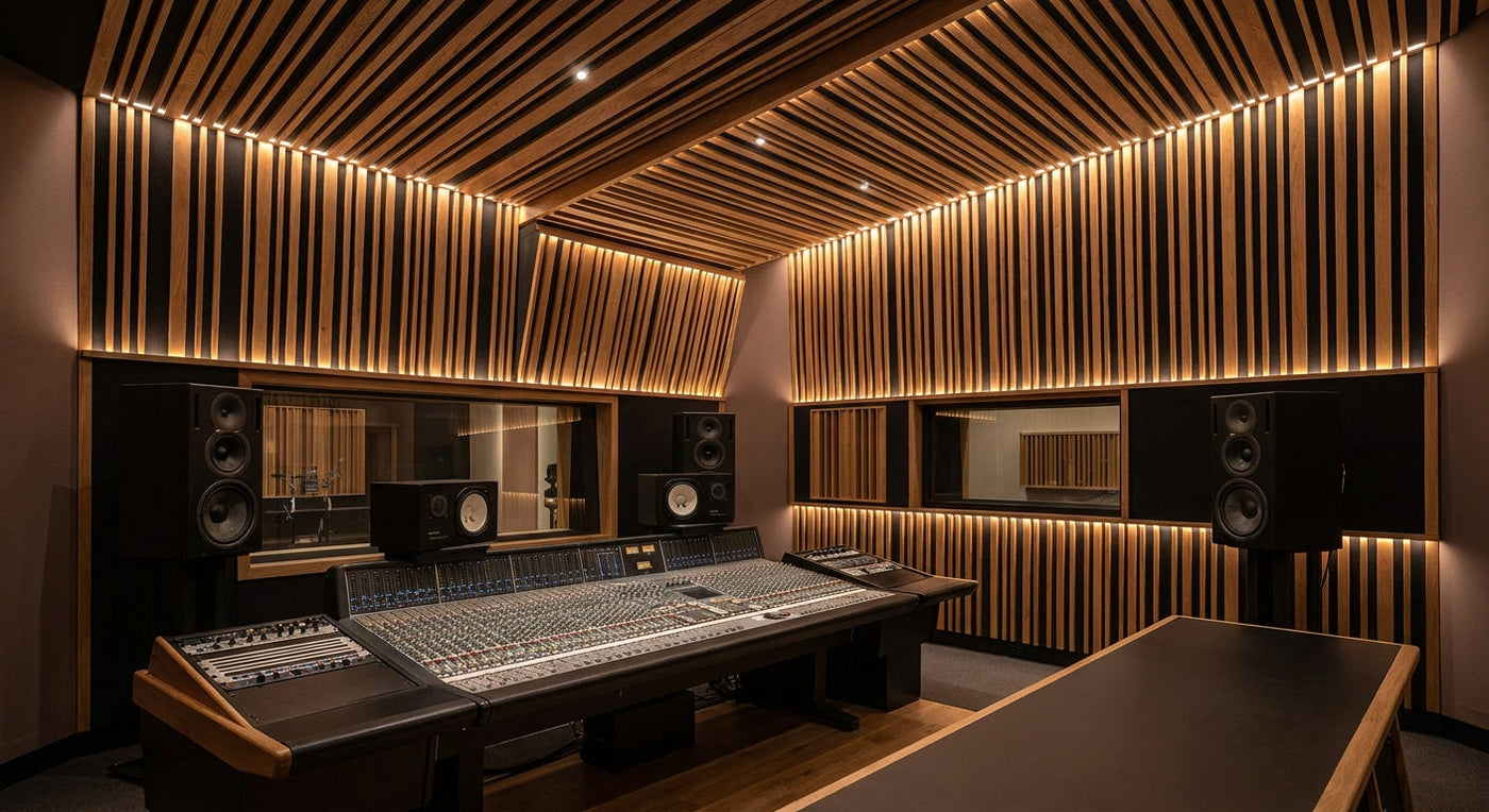 Acoustic slat panels for recording studio control rooms