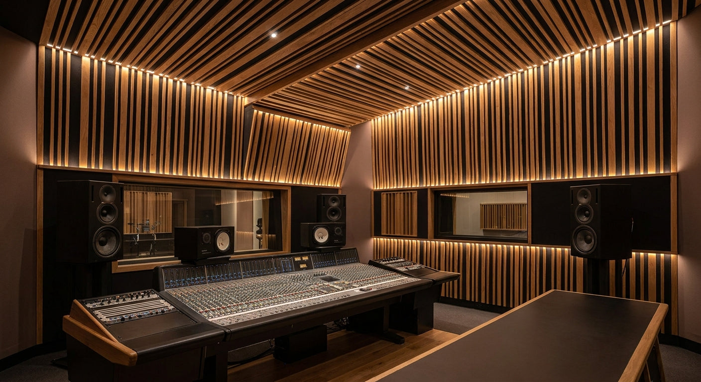 Acoustic slat panels for recording studio control rooms