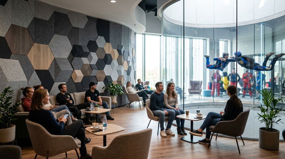 Acoustic panels for indoor skydiving tunnel lounges