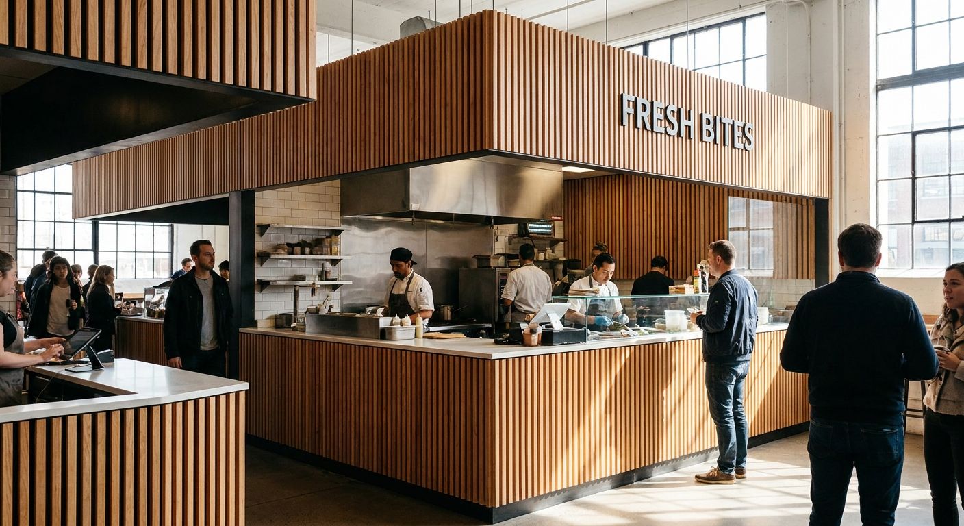Wood slat panels for food hall vendor stalls