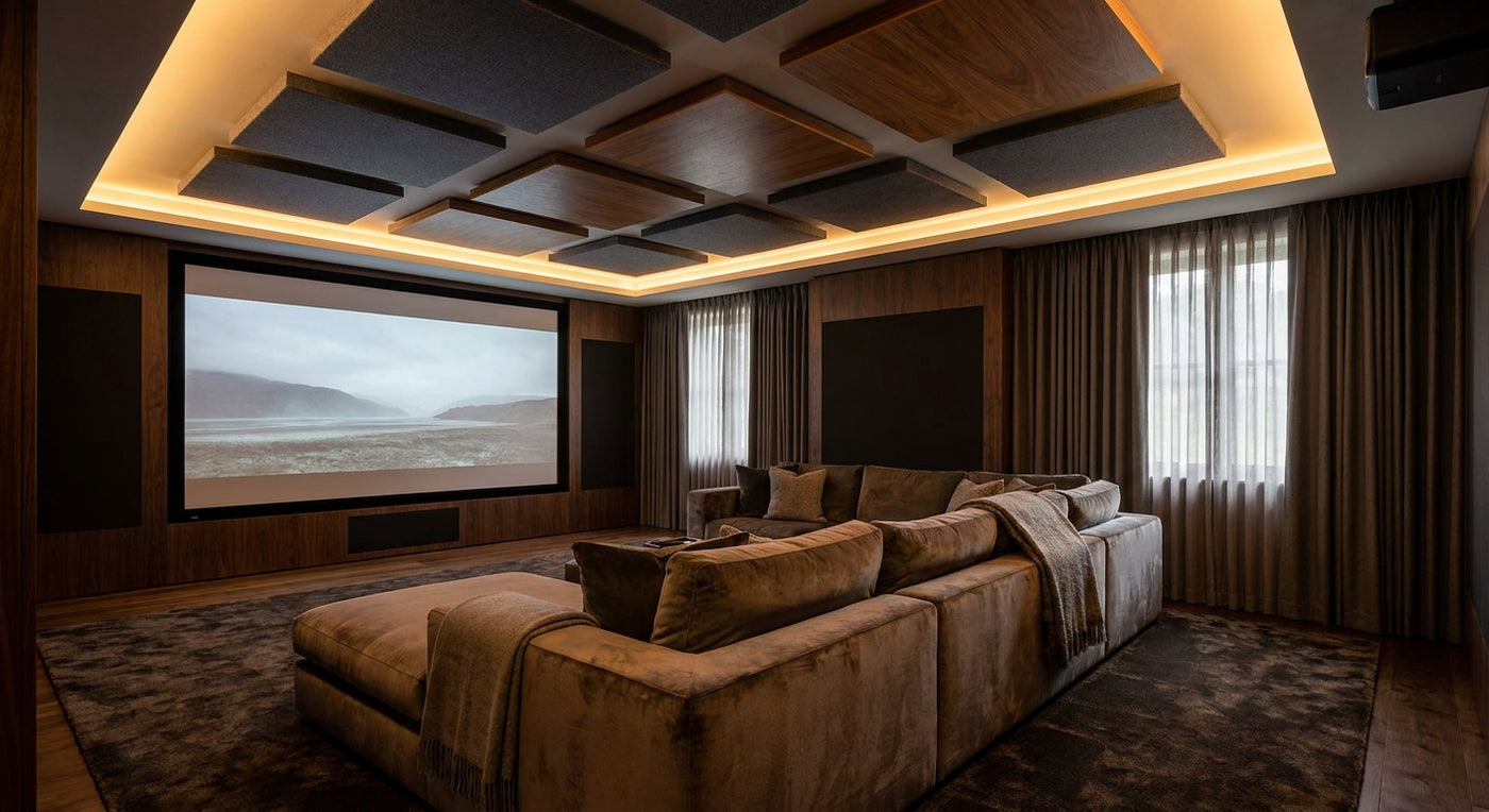 Acoustic ceiling panels for home theater rooms