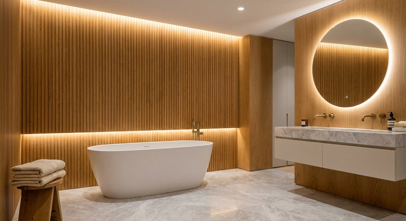 Fluted oak panels for luxury master bathroom feature walls