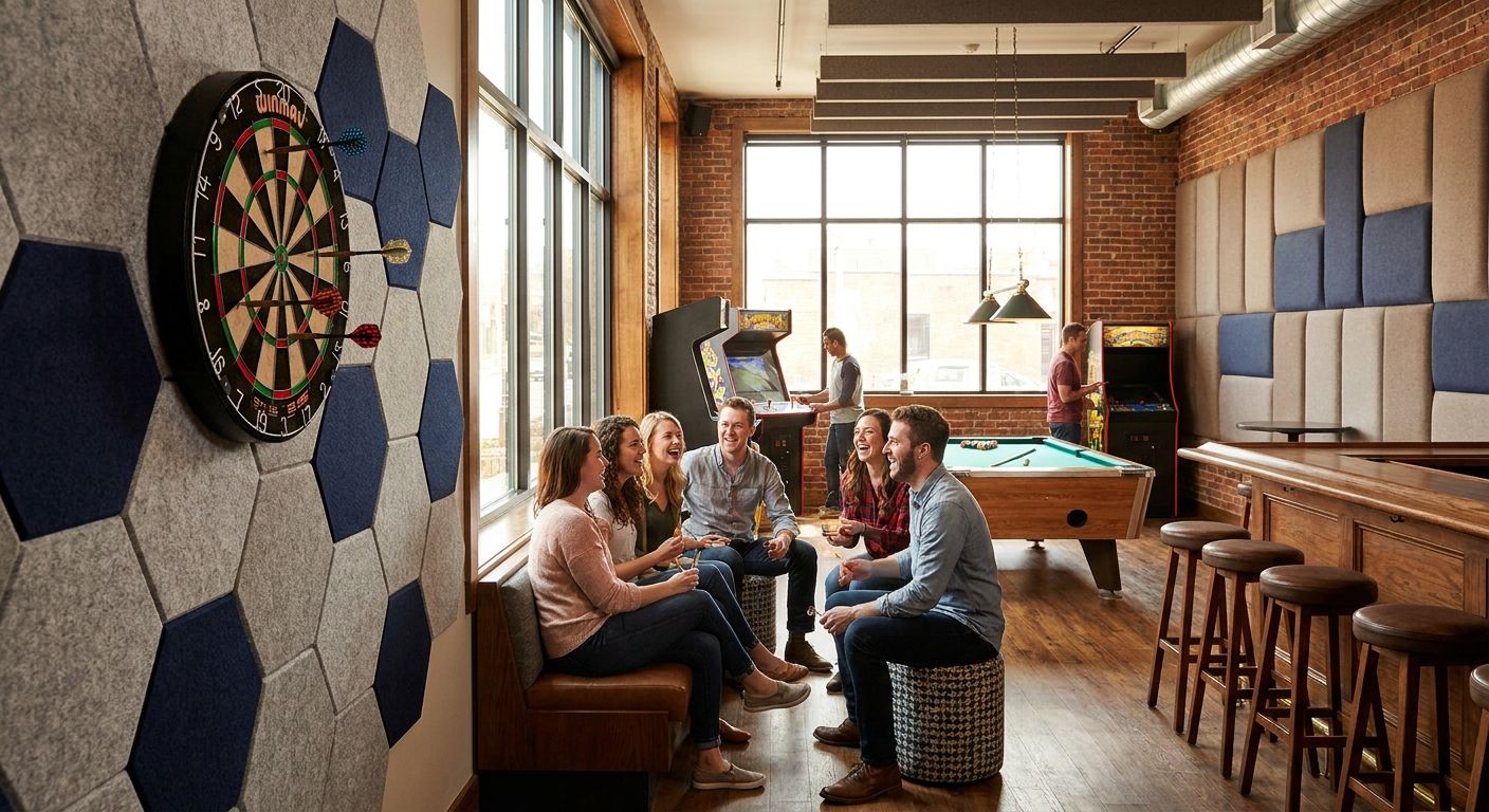 Acoustic panels for indoor darts and social gaming lounges