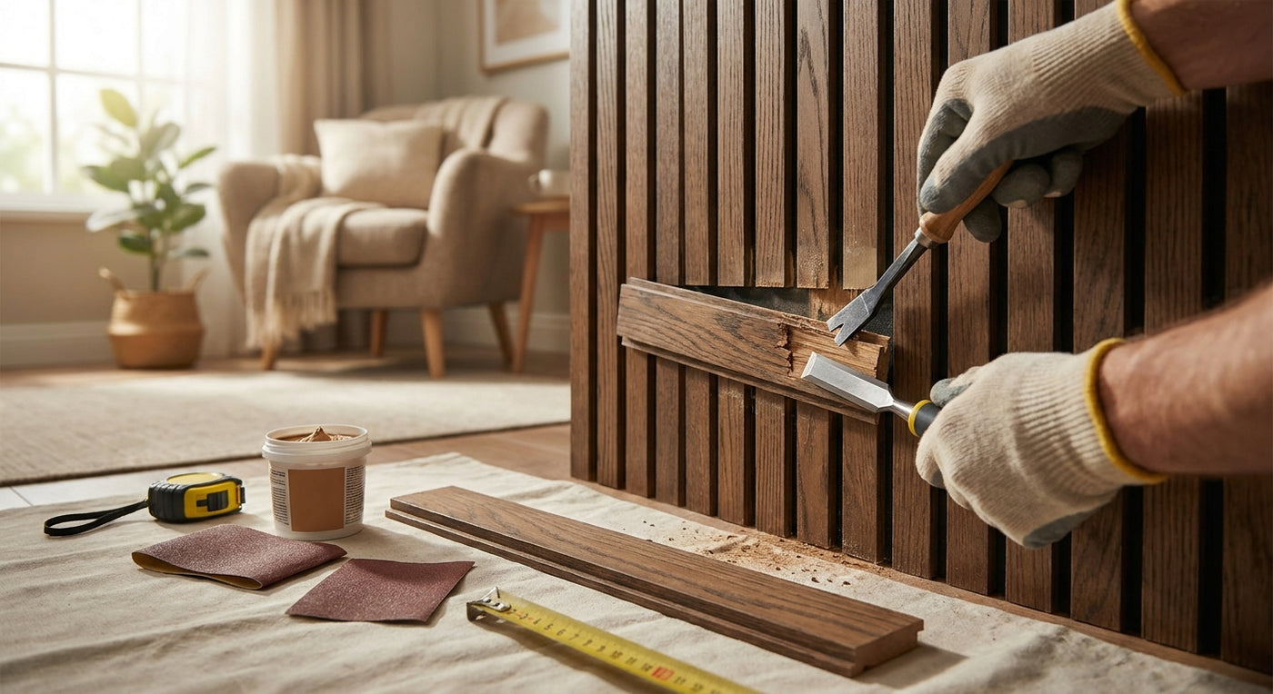 How to repair a damaged wood slat wall panel section