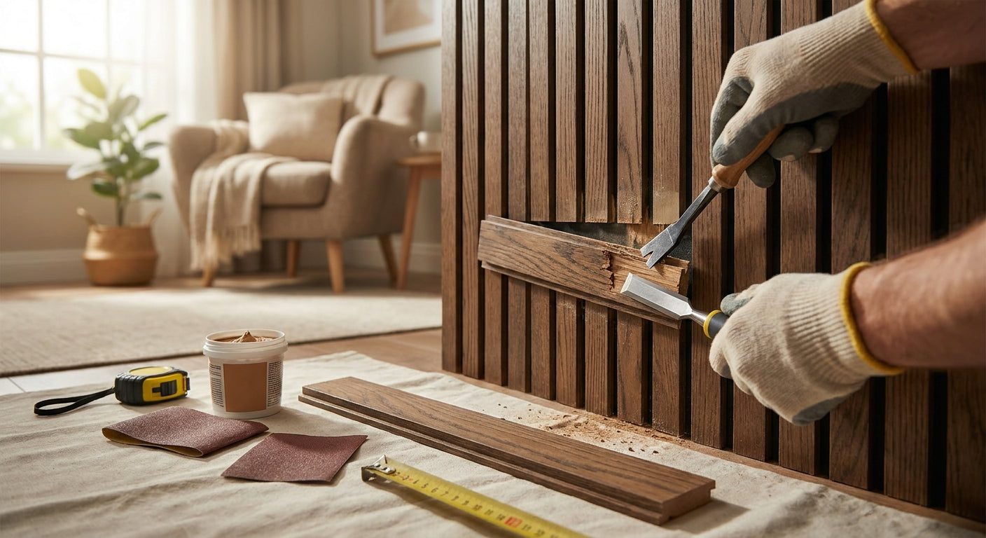 How to repair a damaged wood slat wall panel section