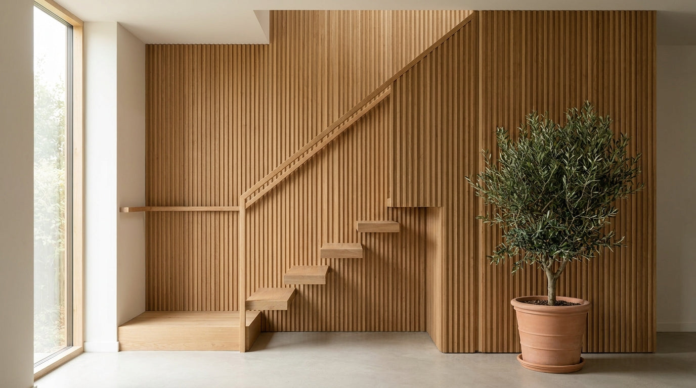 Fluted oak panels for staircase feature wall cladding