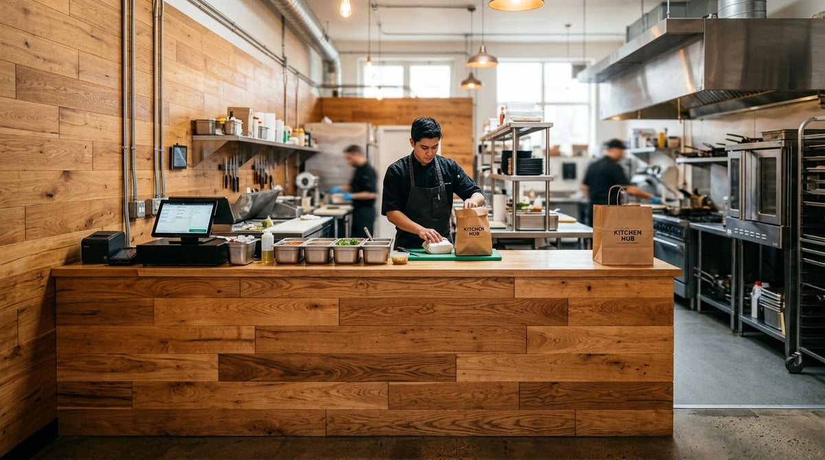 Wood panels for ghost kitchen and cloud kitchen interiors