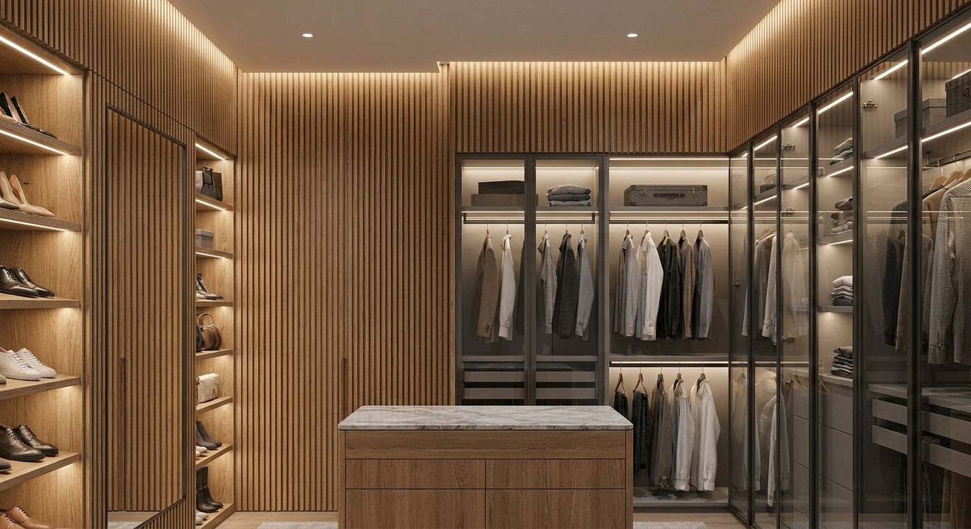 Wood slat panels for walk-in wardrobe walls