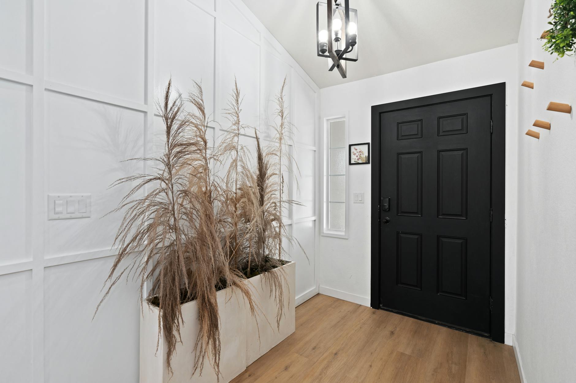 Stylish entrance with minimalist decor and modern design featuring a black door.