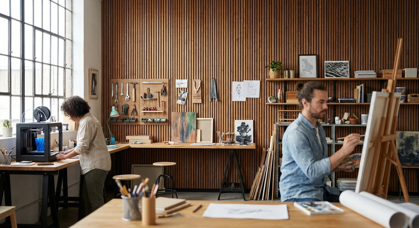Wood slat panels for art studio and maker space walls