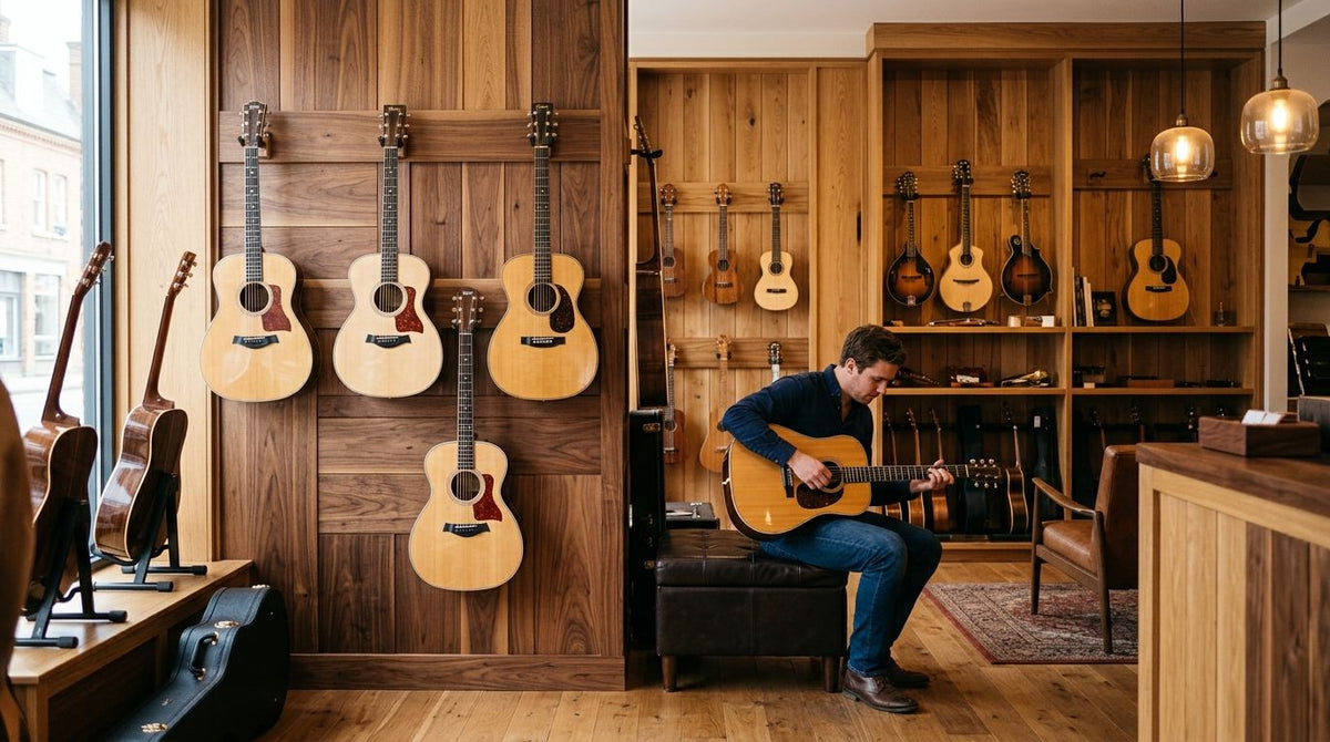 Wood panels for boutique musical instrument shop interiors