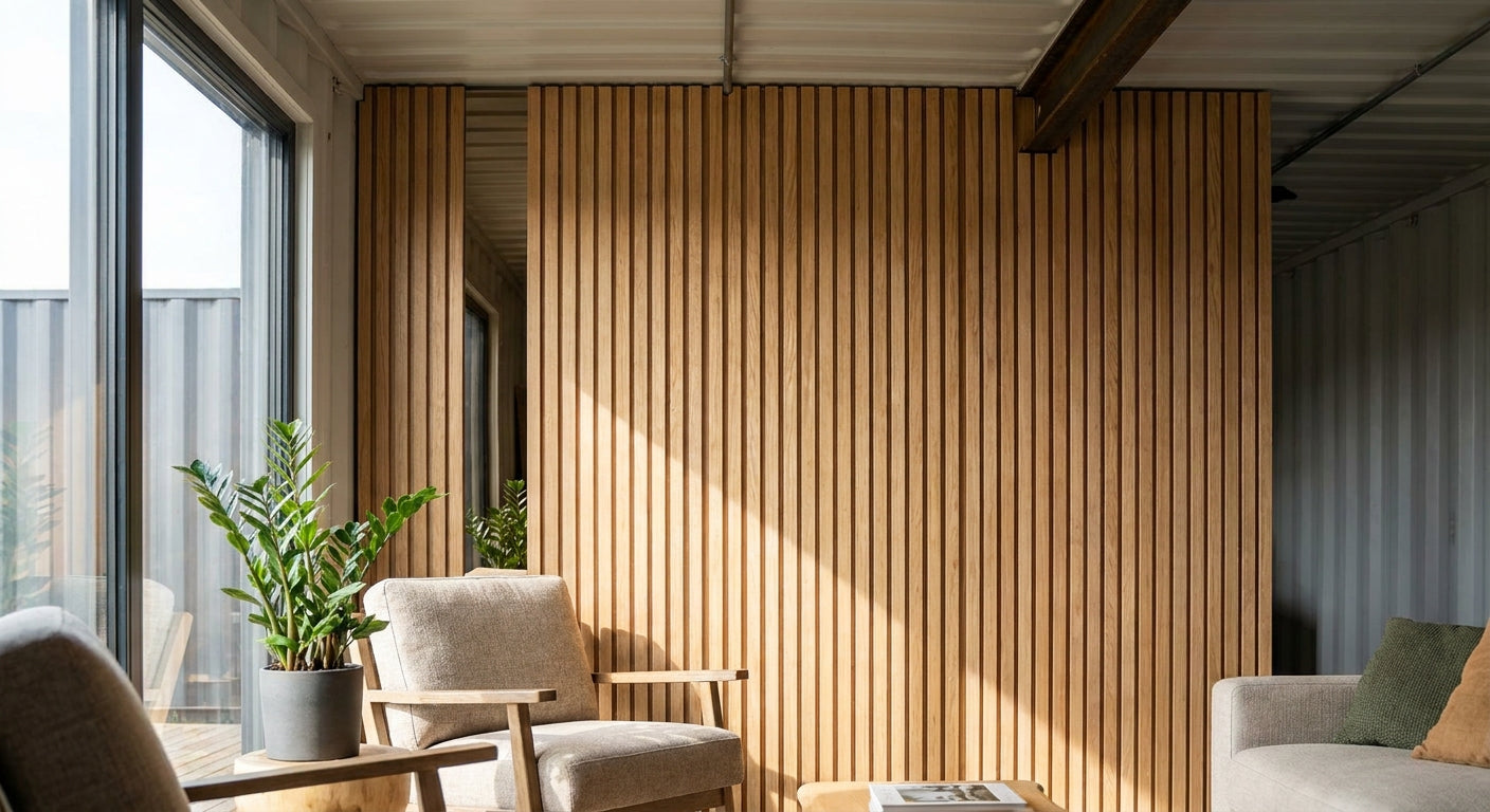 Wood slat panels for shipping container home interiors