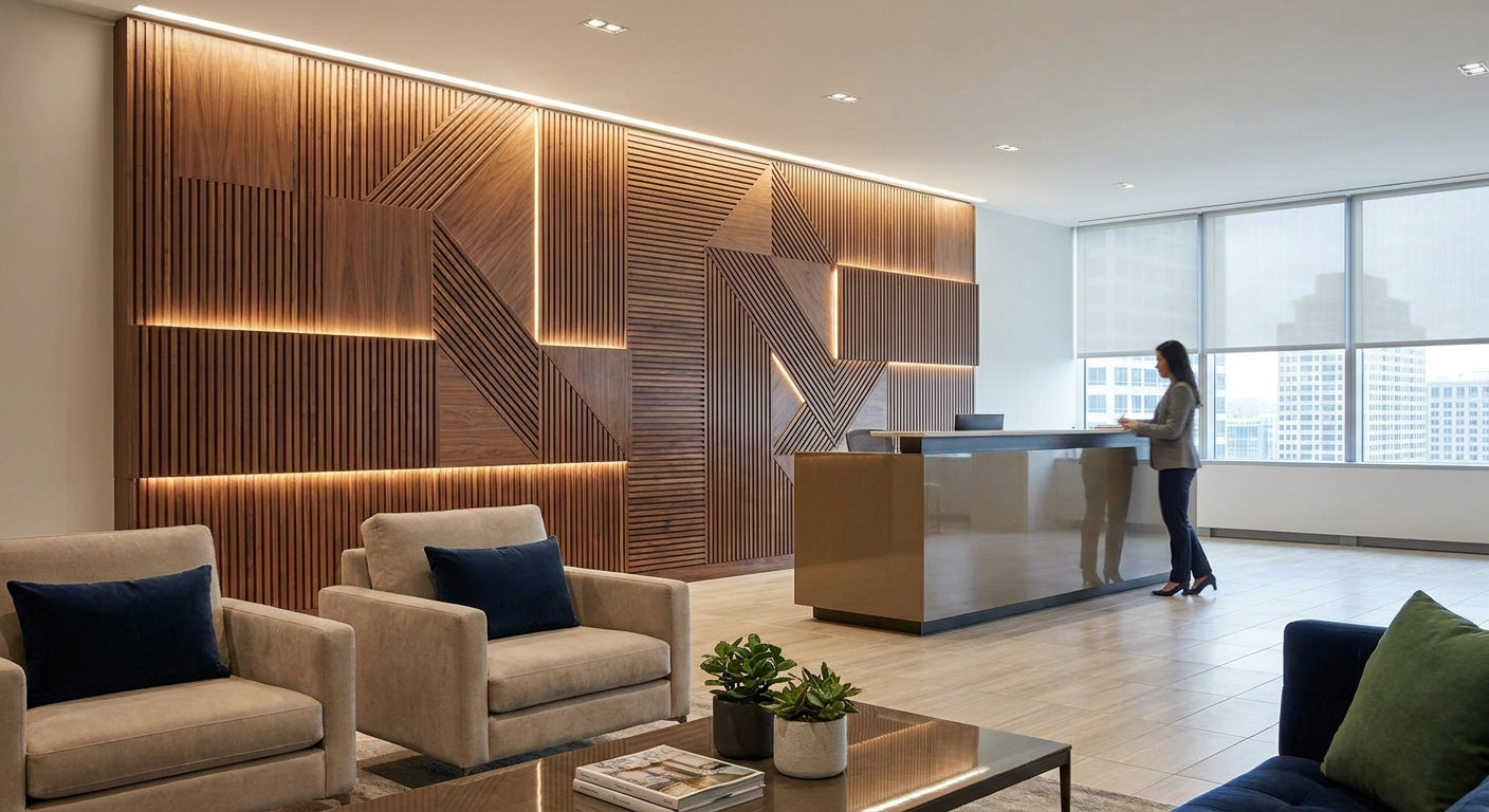 Wood panel feature wall for corporate reception lobbies