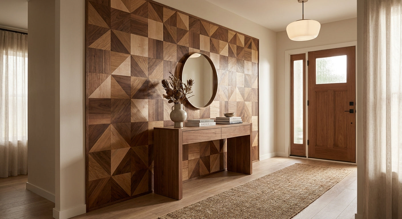 Wood mosaic panels for entryway and foyer accent walls