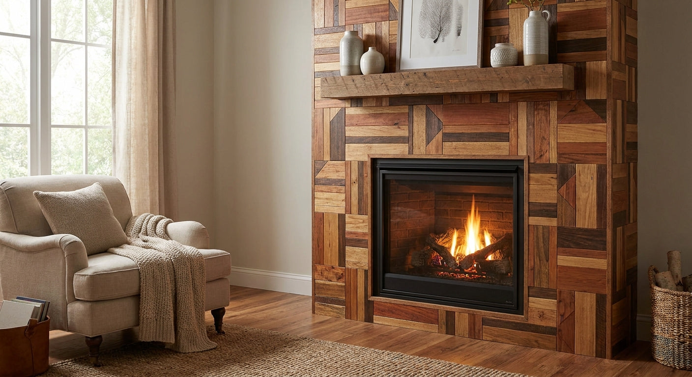 Wood mosaic panels for fireplace surround feature walls