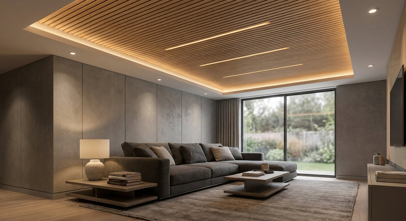 Acoustic slat panels for basement ceiling cladding
