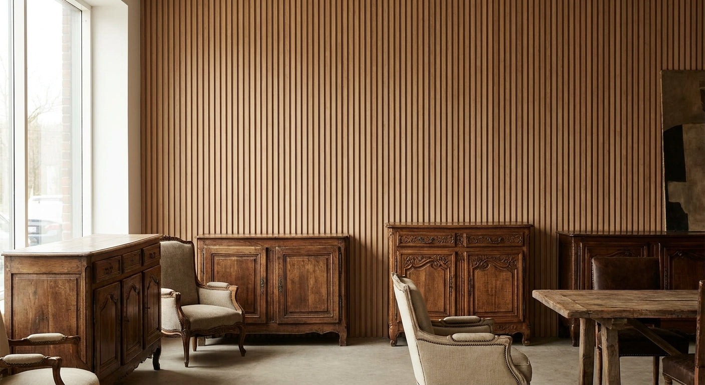 Wood slat panels for antique and vintage furniture showroom walls