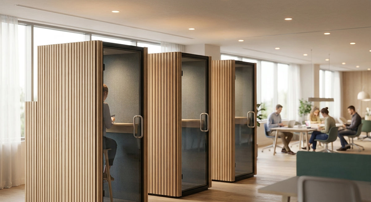 Wood slat panels for co-working space phone booth pods