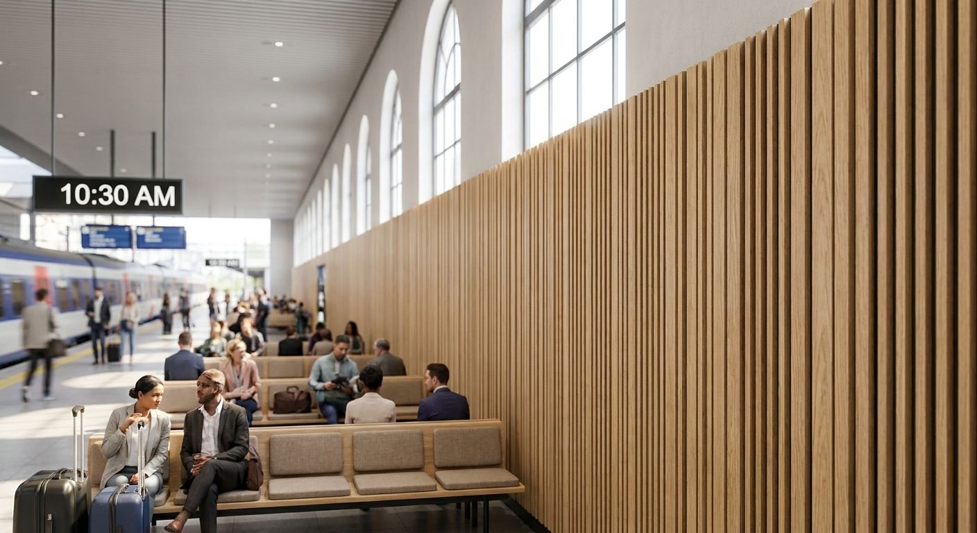 Best wood slat panels for train station waiting areas