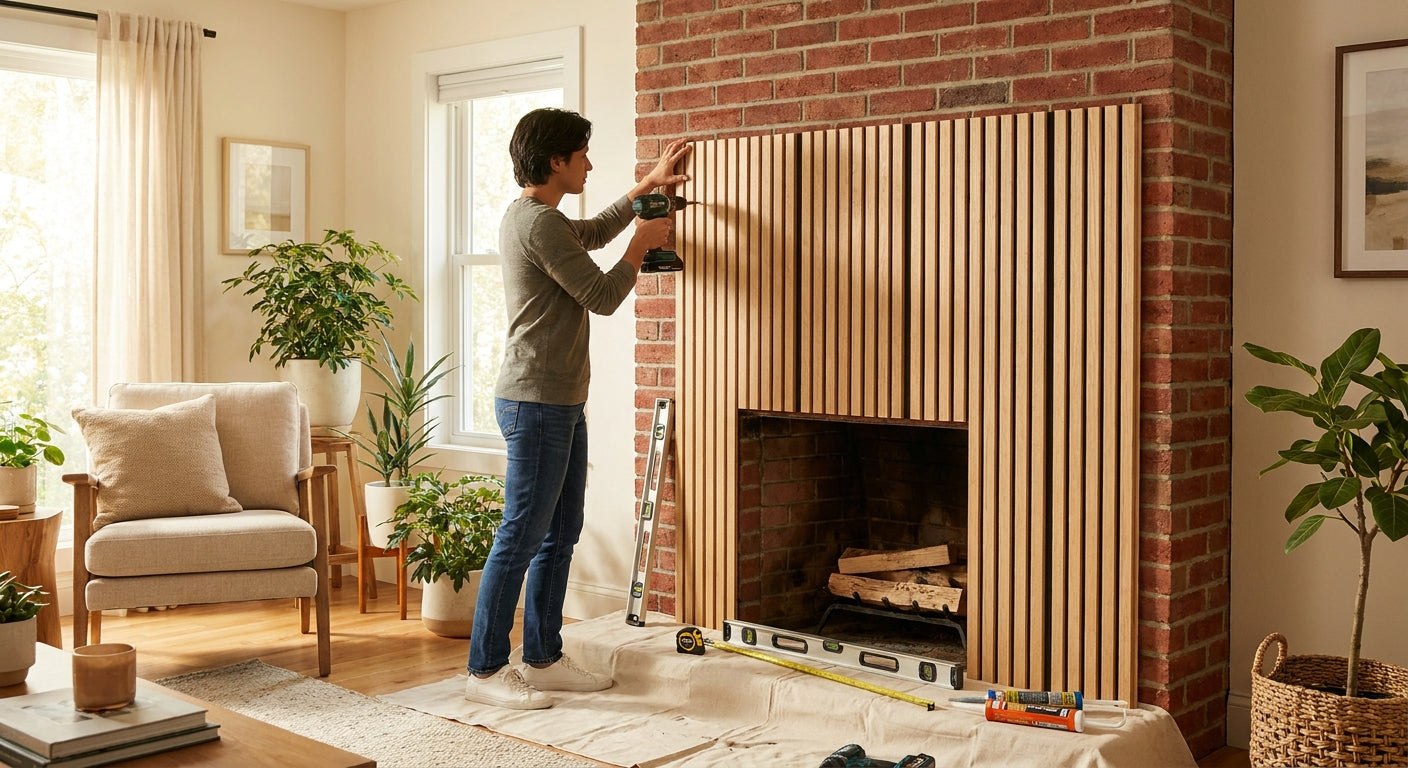 How to install slat wall panels on a brick fireplace wall