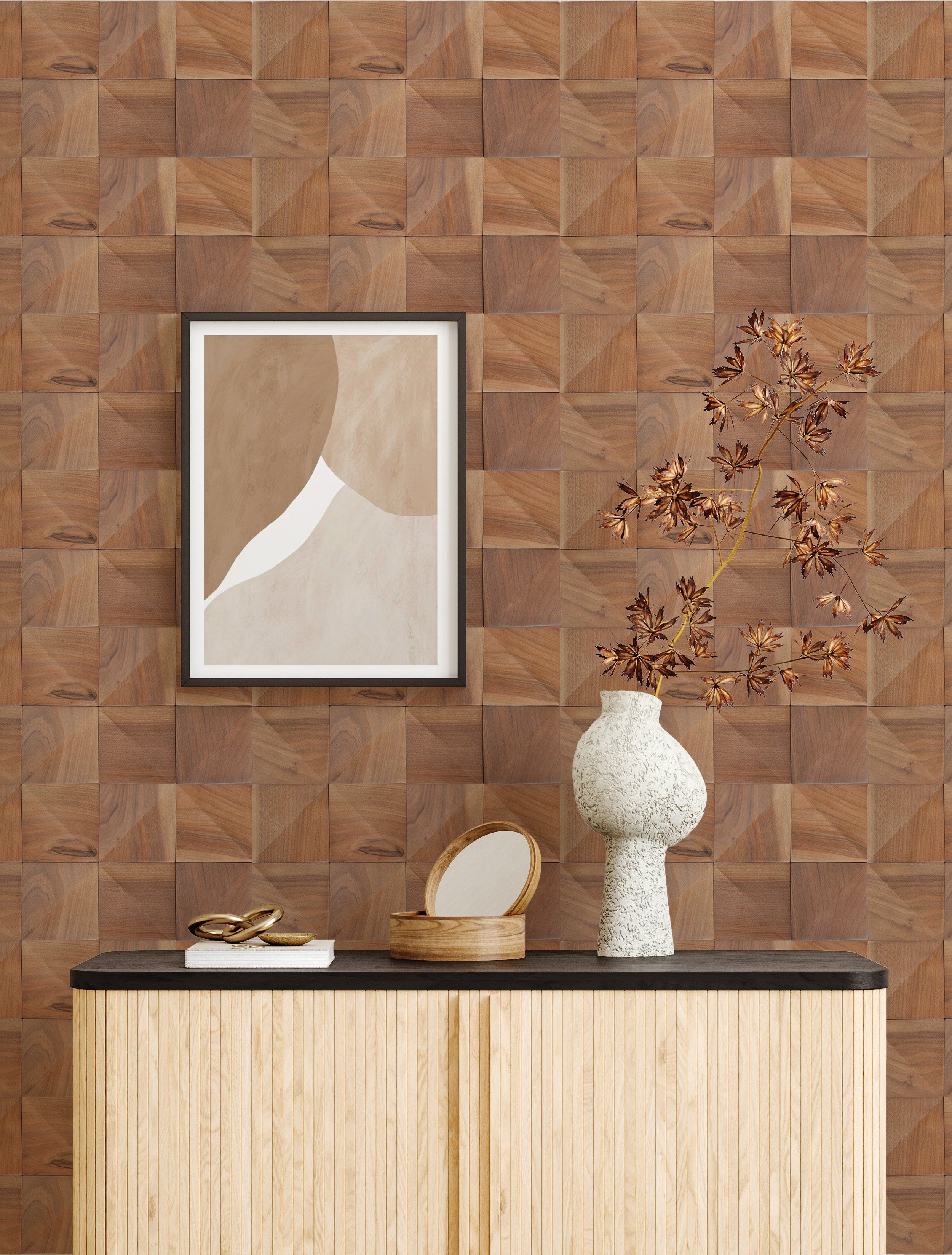 Wood Mosaic Panel | Slim Walnut Wood Tile | 7.9×15.8”