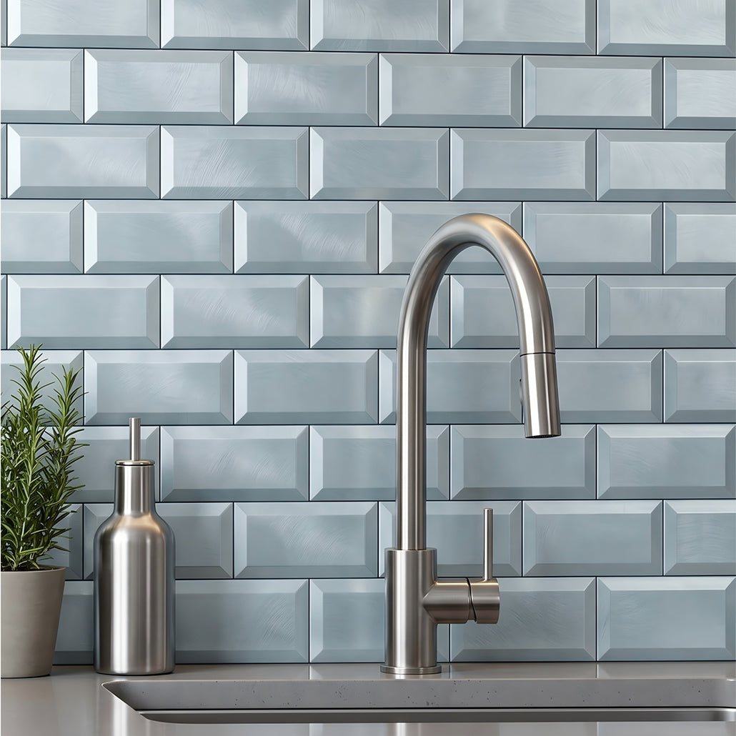 Peel and Stick Mosaic Tile | Subway 3D Blue | 12.01×12.01 in | Metal