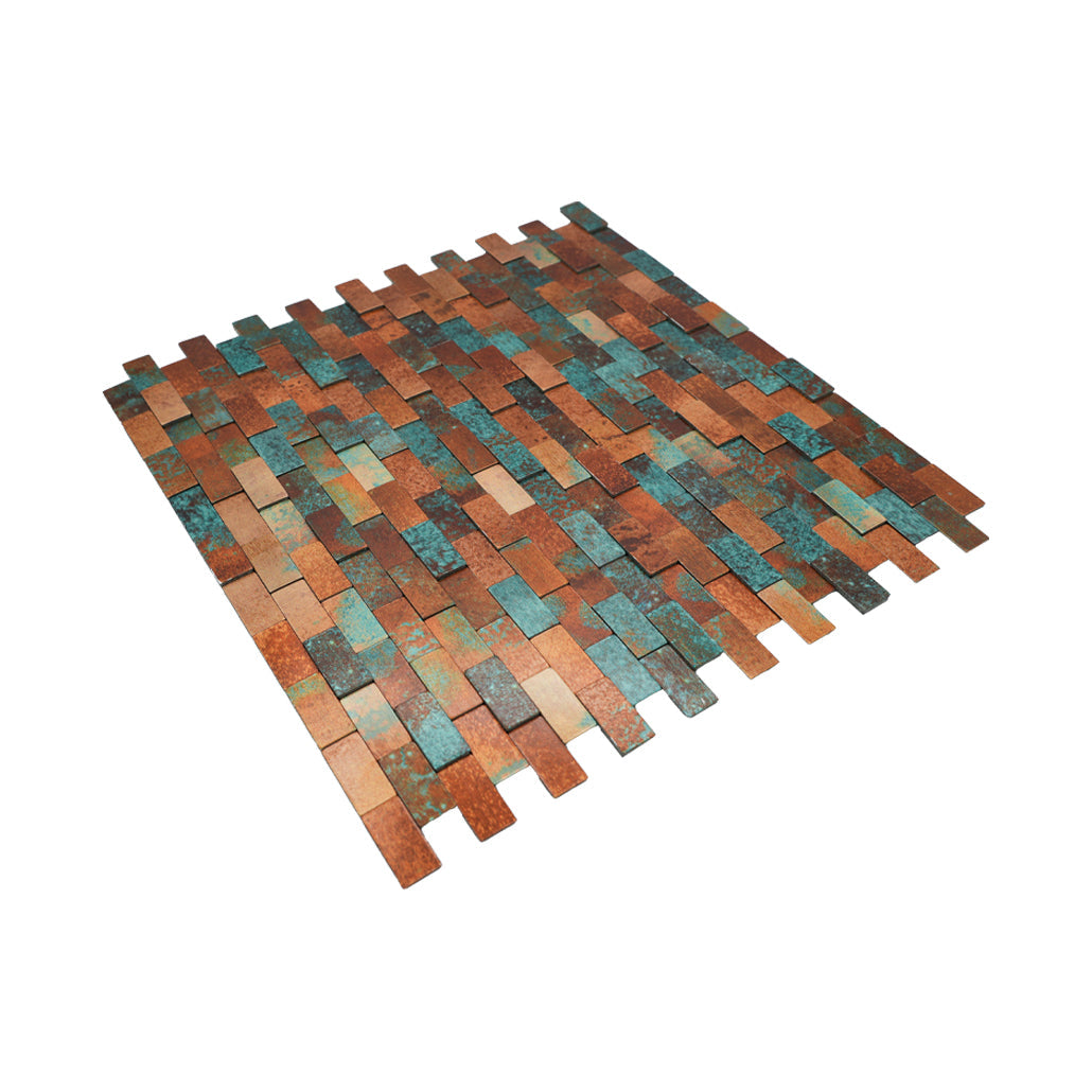 Peel and Stick Mosaic Tile | Brick 3D Patina Copper | 11.73×11.81 in | Metal