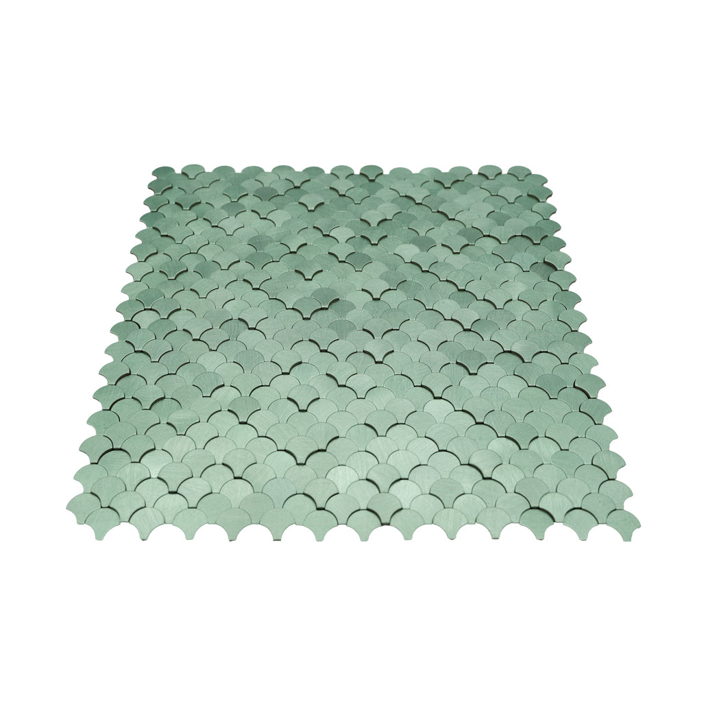 Peel and Stick Mosaic Tile | Fish Scale 3D Pastel Green | 11.73×11.34 in | Metal