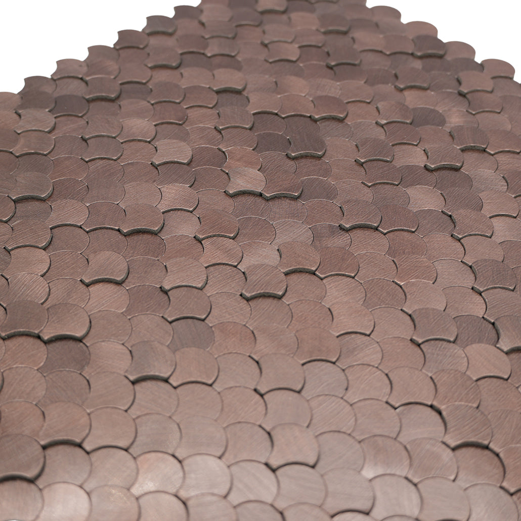 Peel and Stick Mosaic Tile | Fish Scale 3D Dark Copper | 11.73×11.34 in | Metal