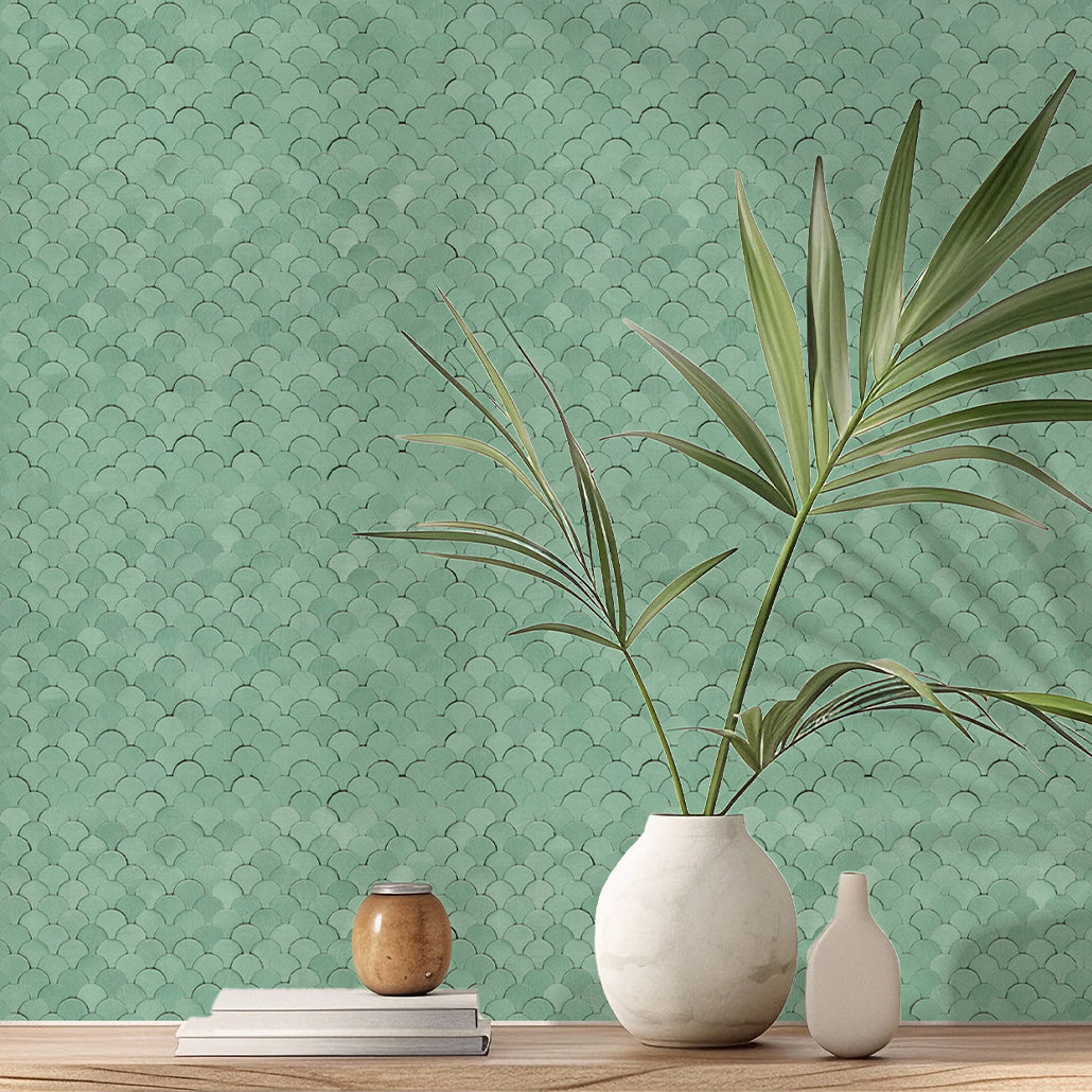 Peel and Stick Mosaic Tile | Fish Scale 3D Pastel Green | 11.73×11.34 in | Metal