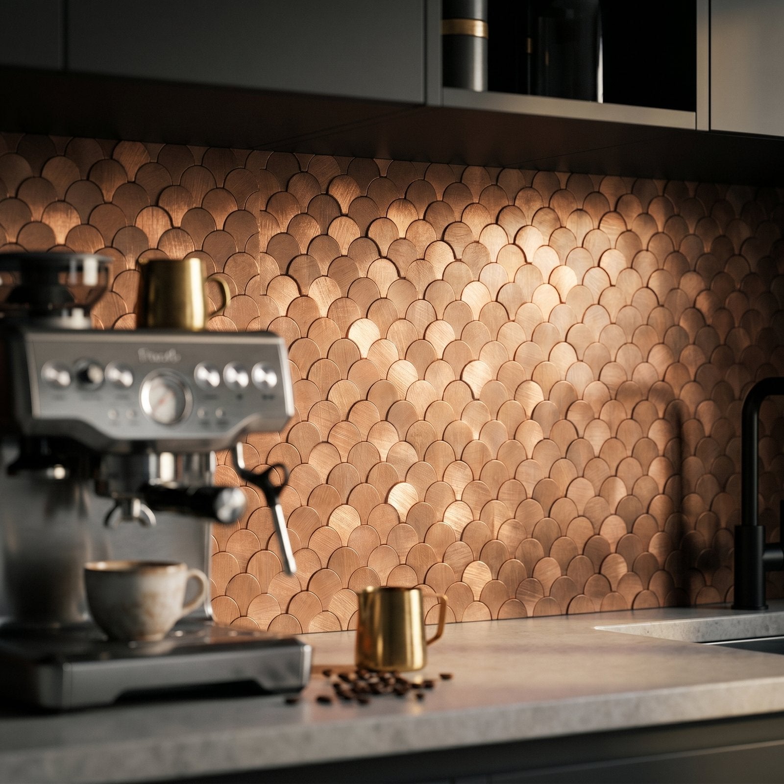 Peel and Stick Backsplash | Fish Scale 3D Copper | 11.73×11.34"