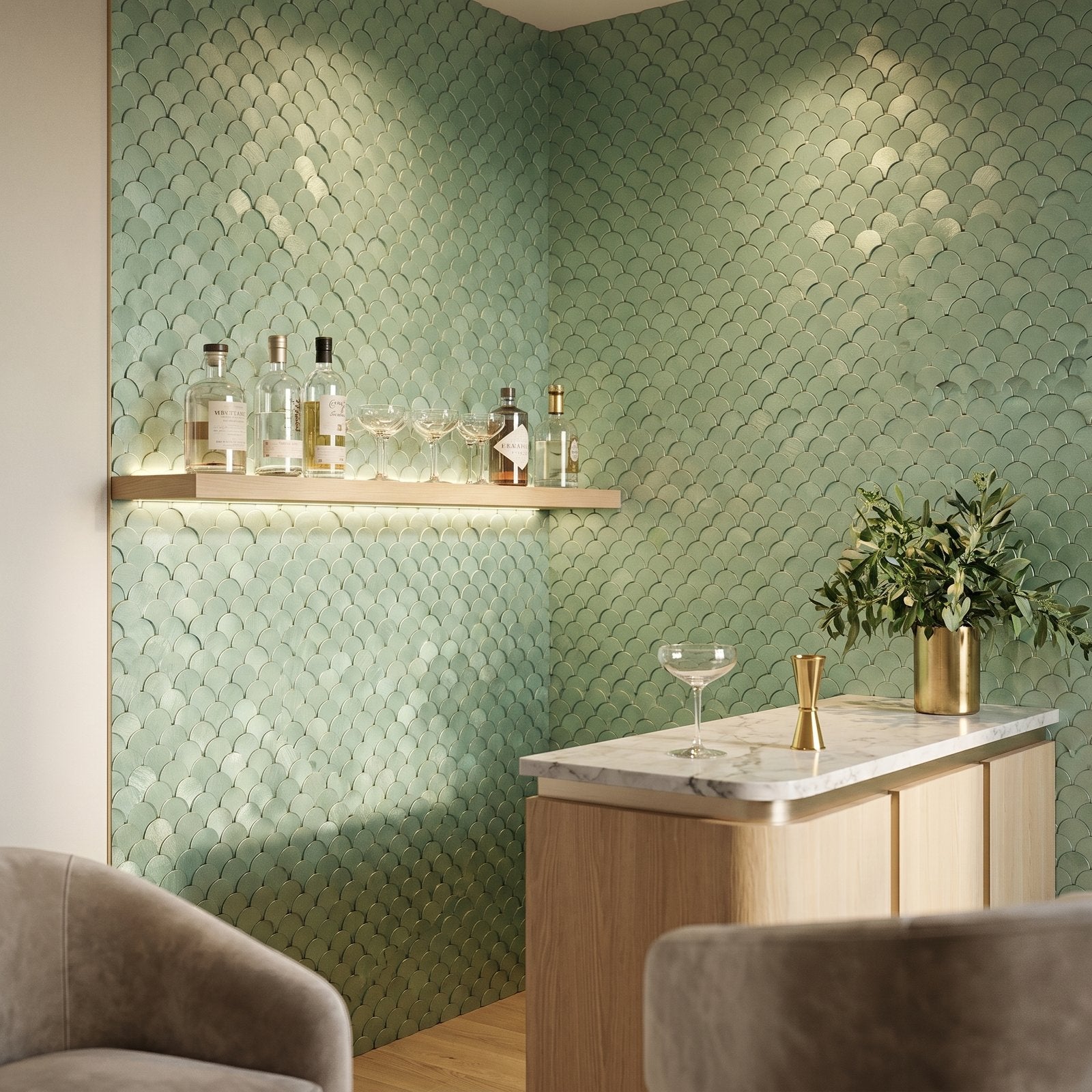 Peel and Stick Backsplash | Fish Scale 3D Pastel Green | 11.73×11.34"