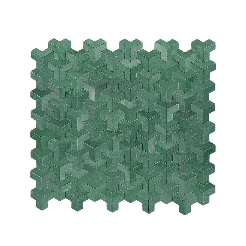 Peel and Stick Mosaic Tile | Trifold 3D Dark Green | 11.02×11.93 in | Metal