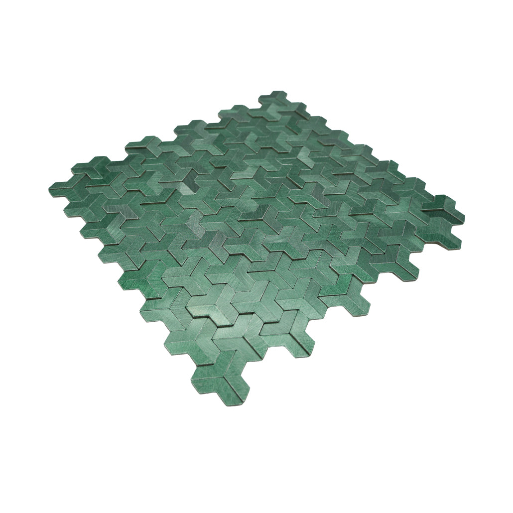 Peel and Stick Mosaic Tile | Trifold 3D Dark Green | 11.02×11.93 in | Metal