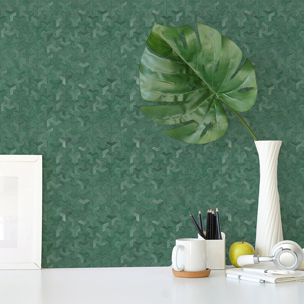 Peel and Stick Mosaic Tile | Trifold 3D Dark Green | 11.02×11.93 in | Metal