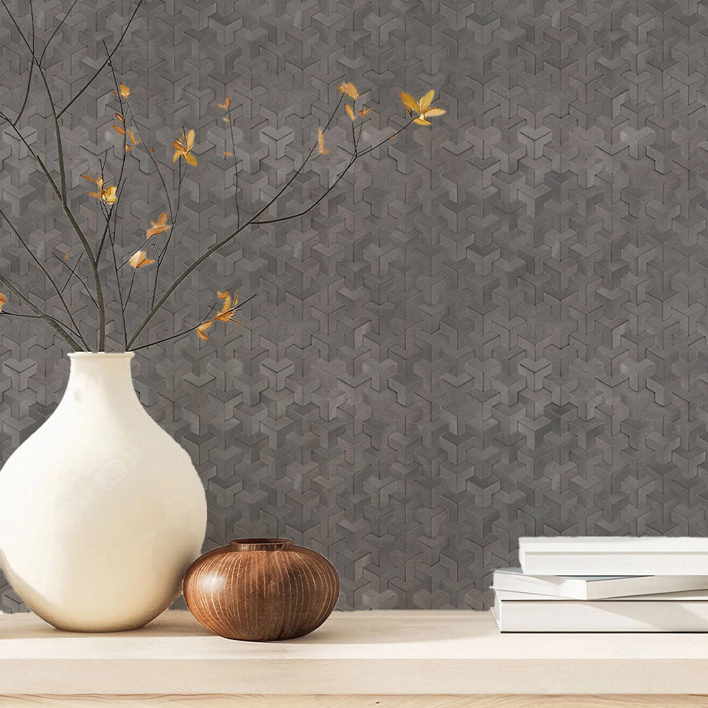 Peel and Stick Mosaic Tile | Trifold 3D Anthracite | 11.02×11.93 in | Metal