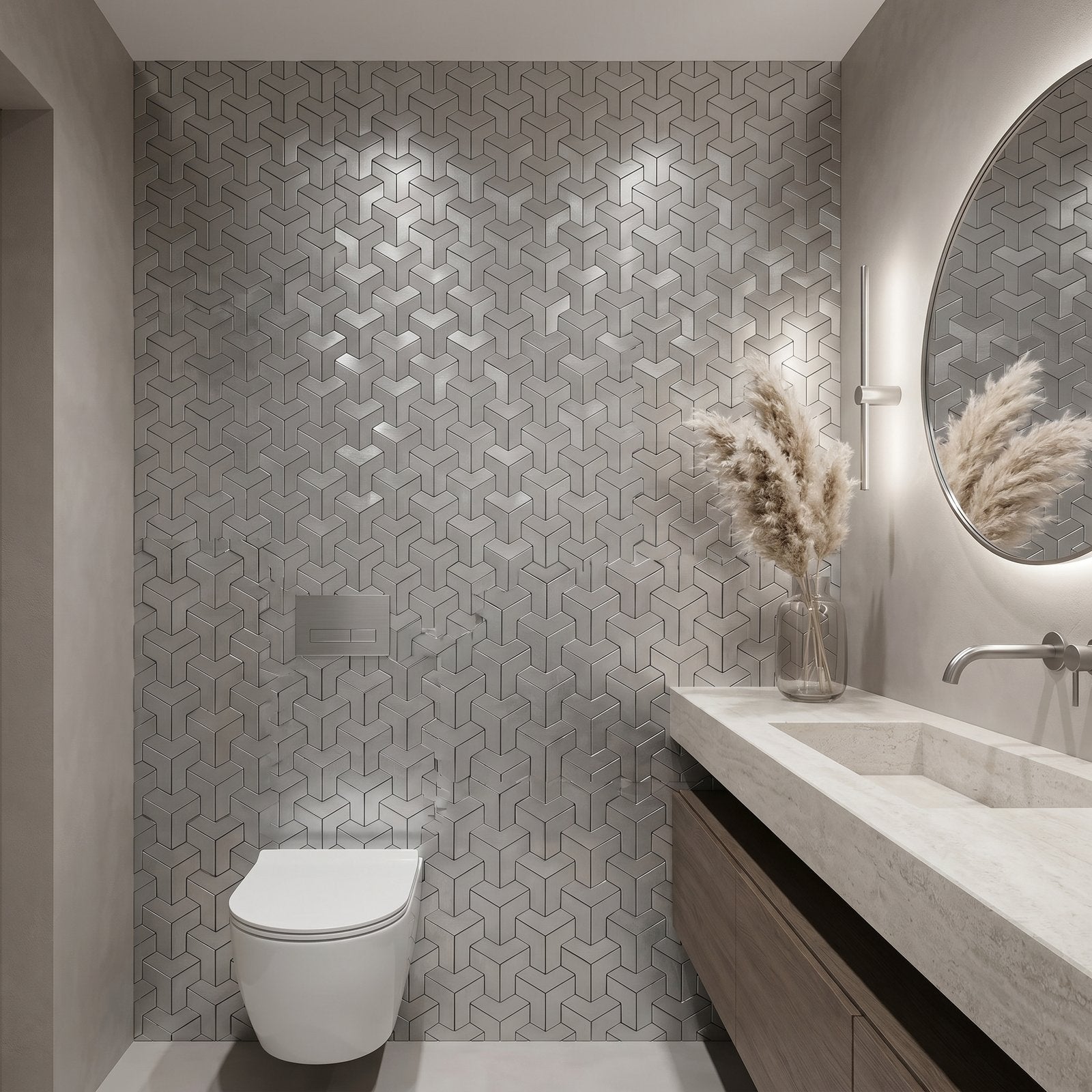 Peel and Stick Backsplash | Trifold 3D Silver | 11.02×11.93"