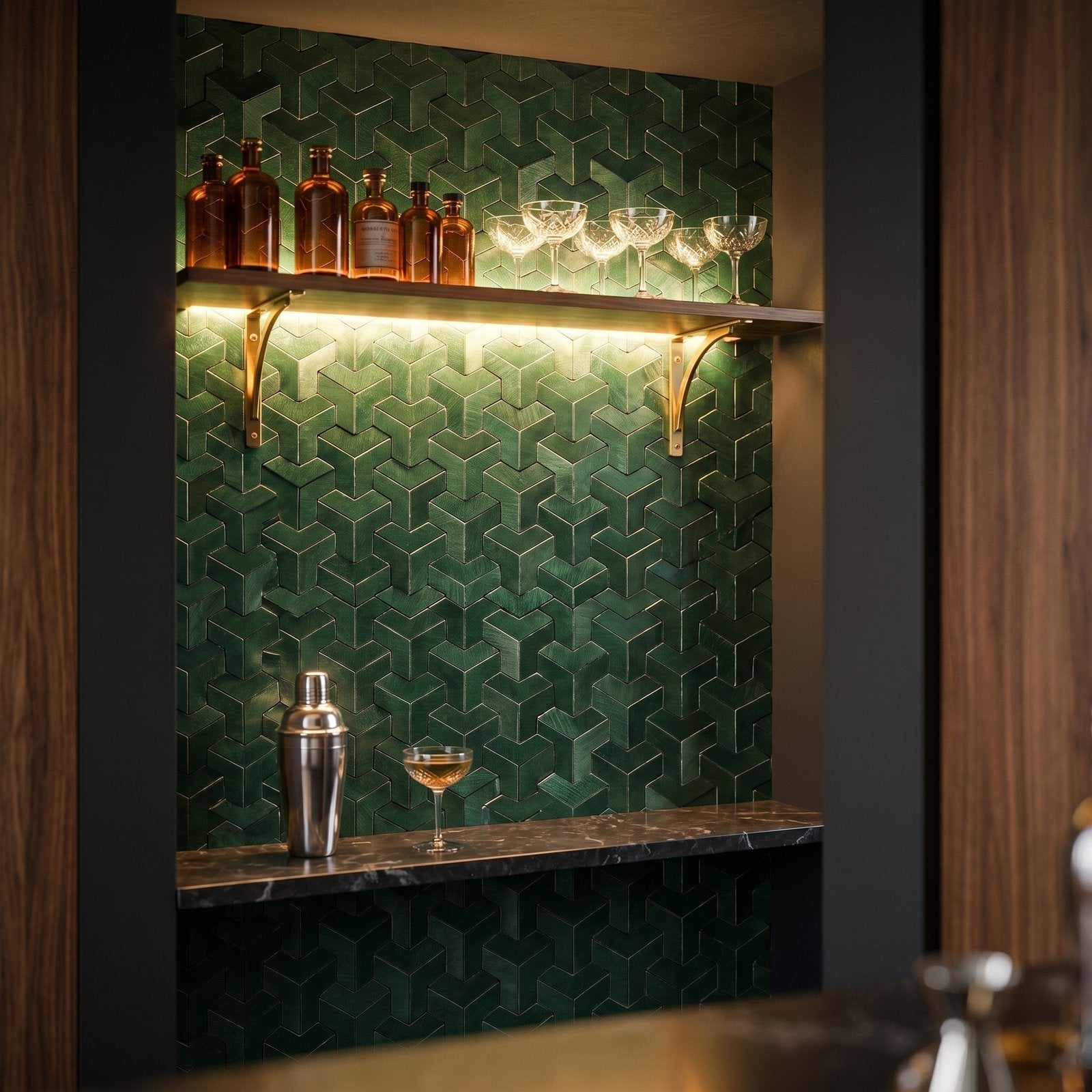 Peel and Stick Backsplash | Trifold 3D Dark Green | 11.02×11.93"