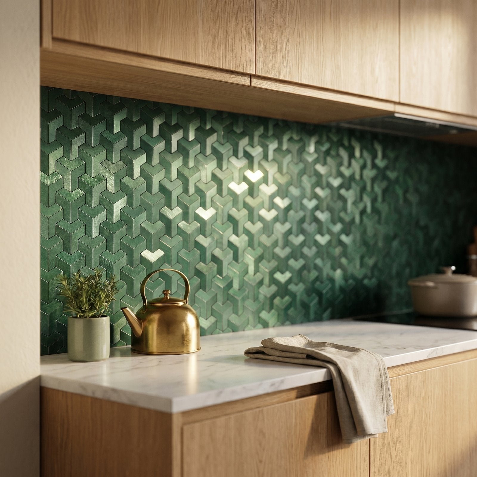 Peel and Stick Backsplash | Trifold 3D Dark Green | 11.02×11.93"