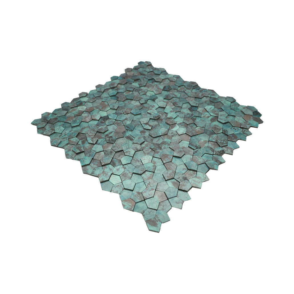 Peel and Stick Backsplash | Pentagon 3D Patina Copper | 11.1×11.1"
