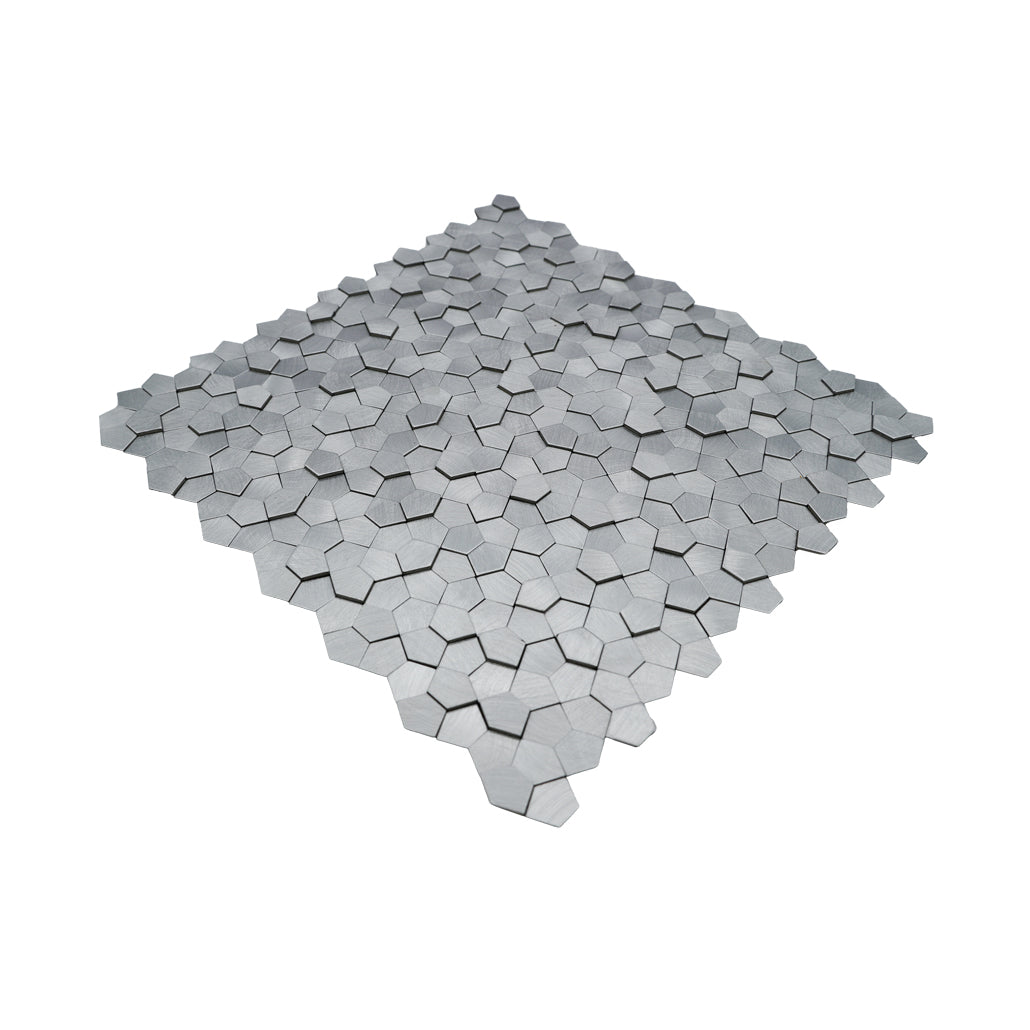 Peel and Stick Mosaic Tile | Pentagon 3D Silver | 11.1×11.1 in | Metal