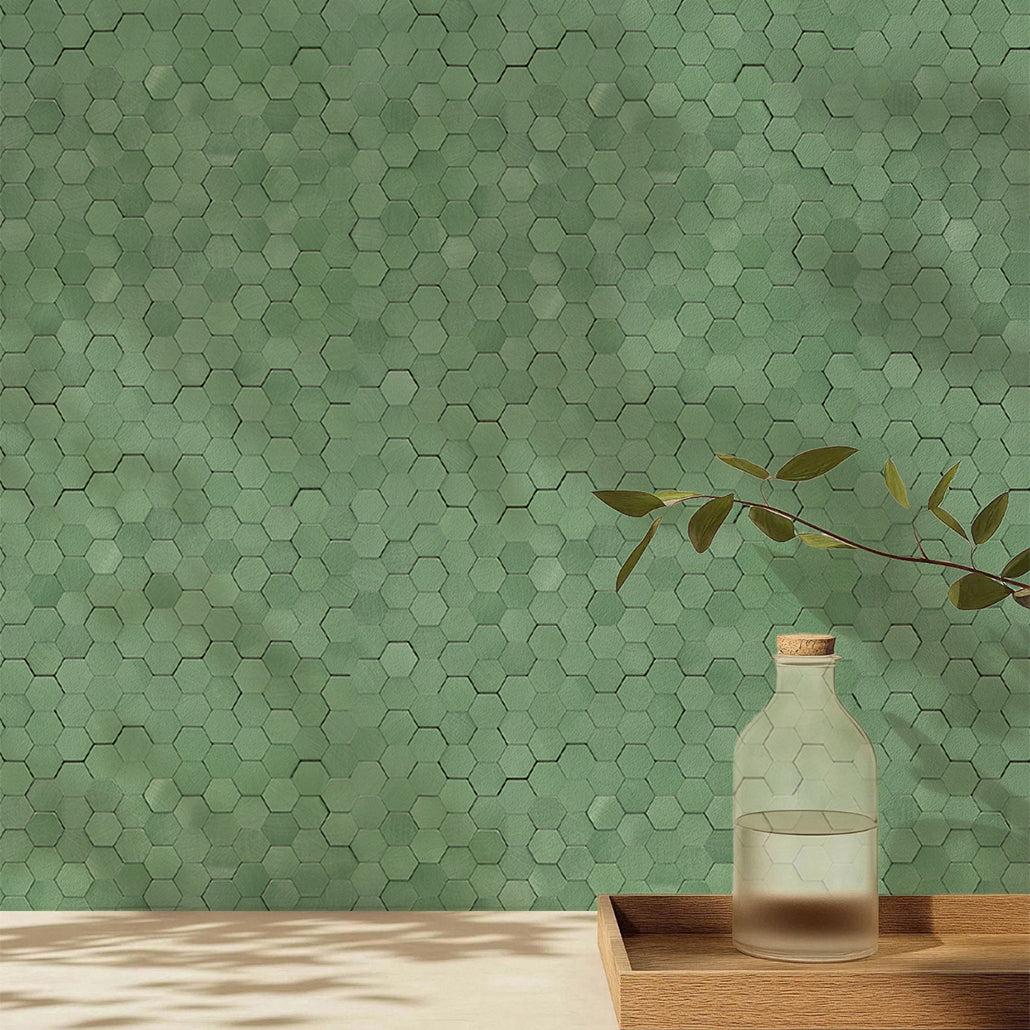 Peel and Stick Mosaic Tile | Mini Hexagon 3D Pastel Green | 11.73×12.09 in | Metal