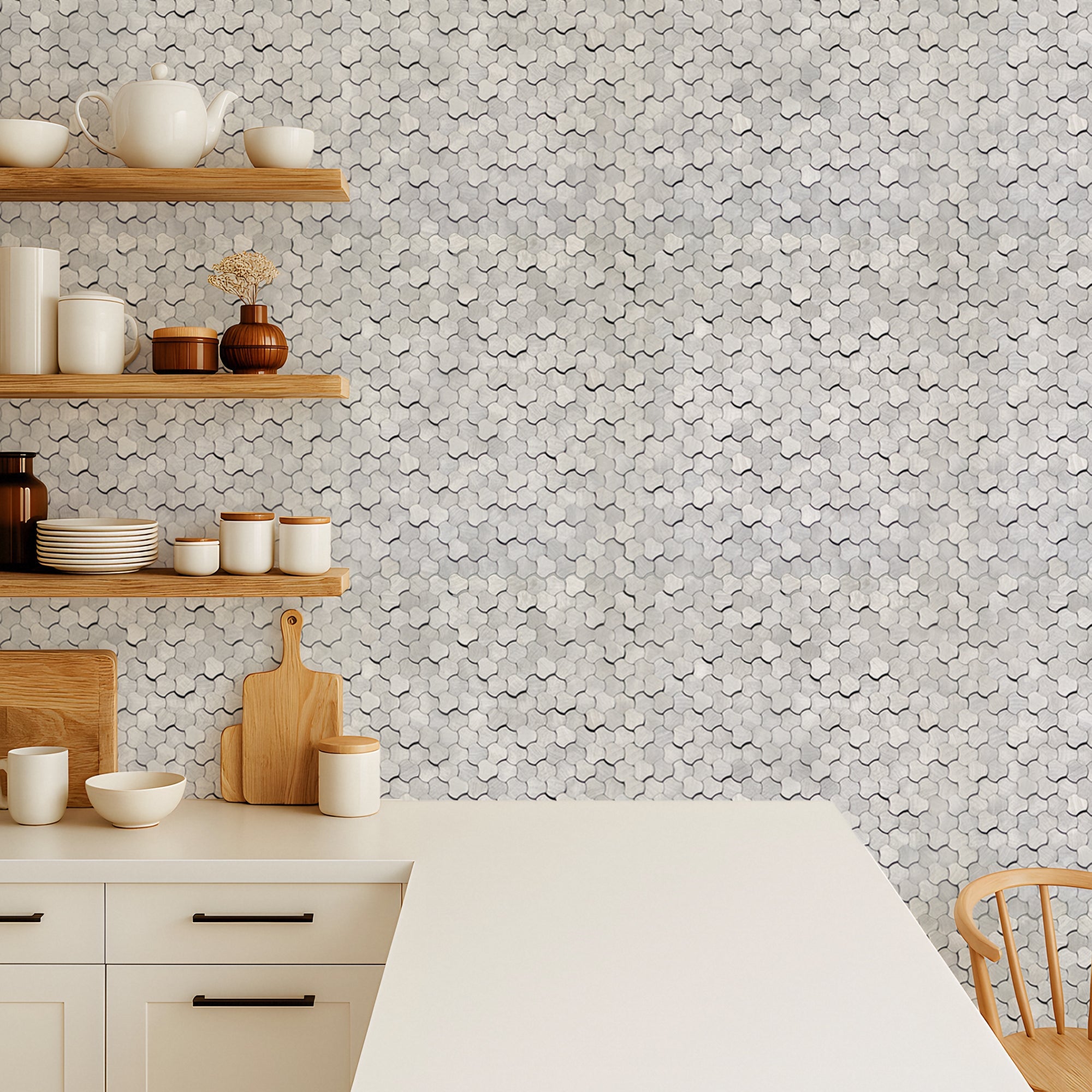 Peel and Stick Mosaic Tile | Trefoil 3D Silver | 12.01×11.65 in | Metal