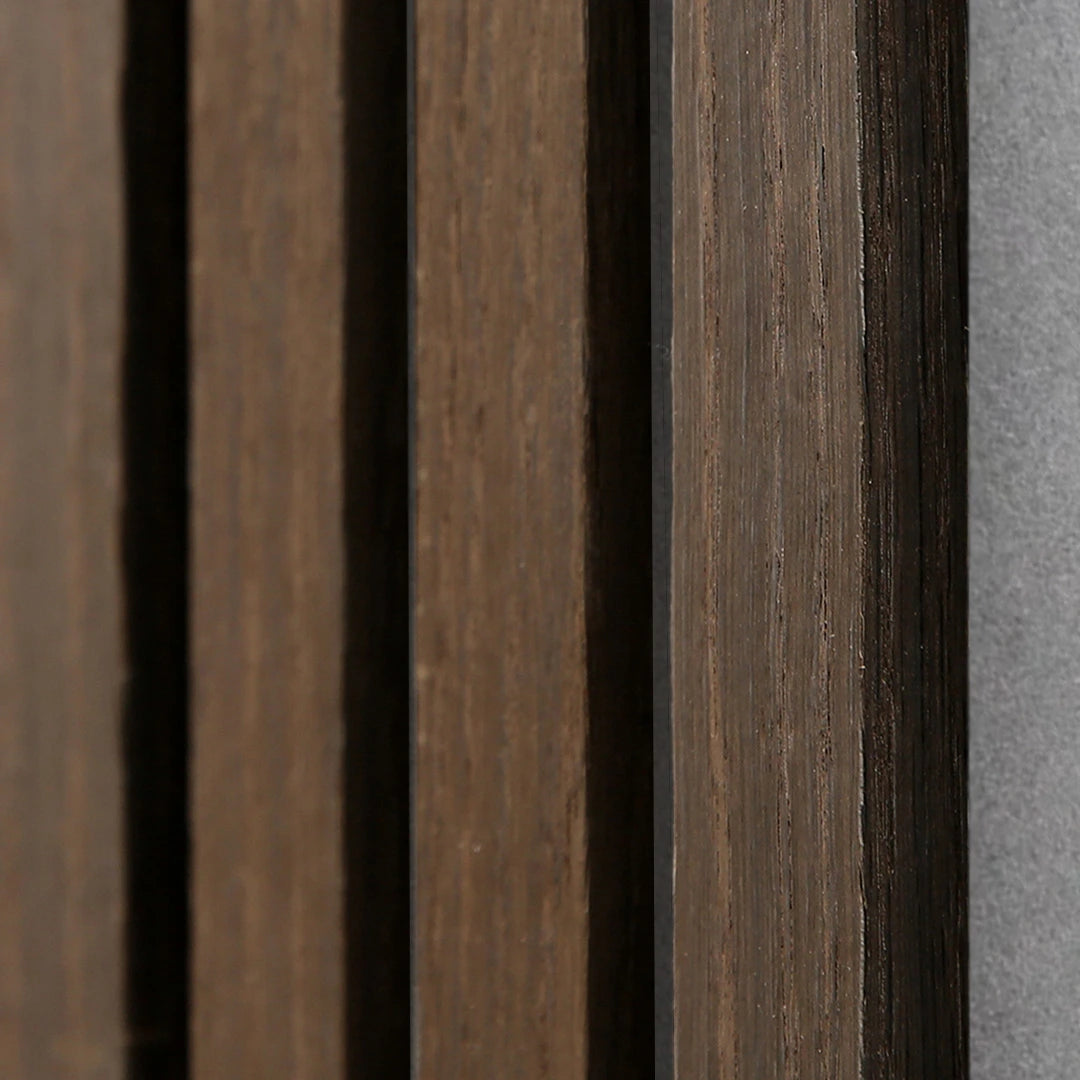 Acoustic Slat Wall Panel | Smoked Oak with Gray Felt | Premium 3-sided Wood Veneer