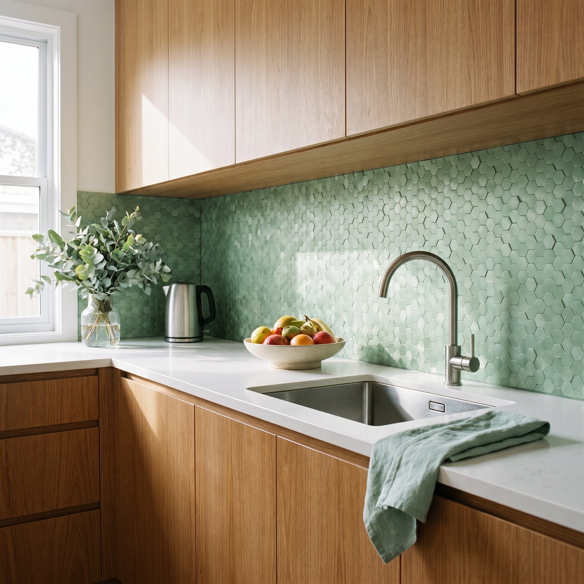 Peel and Stick Backsplash | Mini Hexagon 3D Pastel Green | 11.73×12.09"