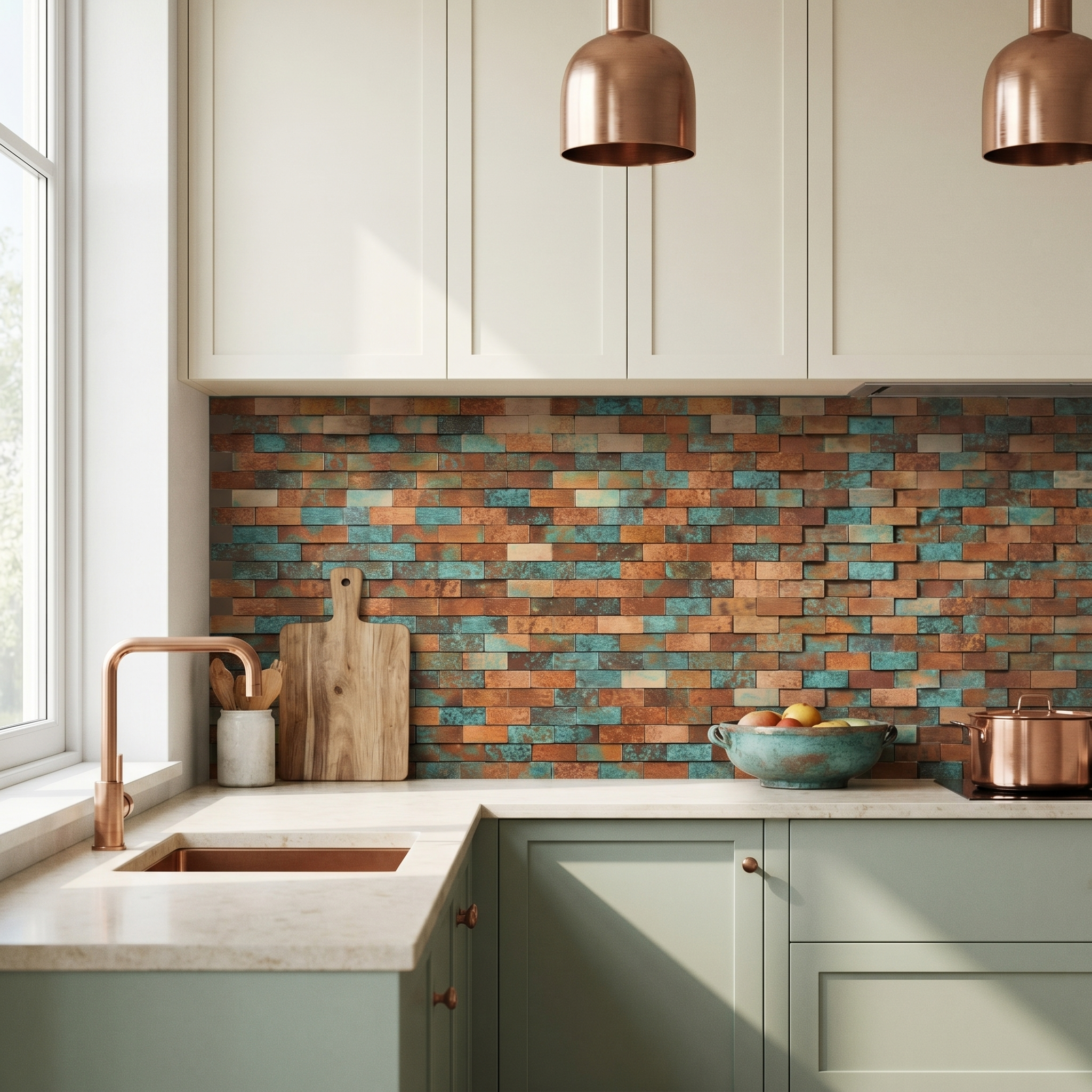Peel and Stick Backsplash | Brick 3D Patina Copper | 11.73×11.81"
