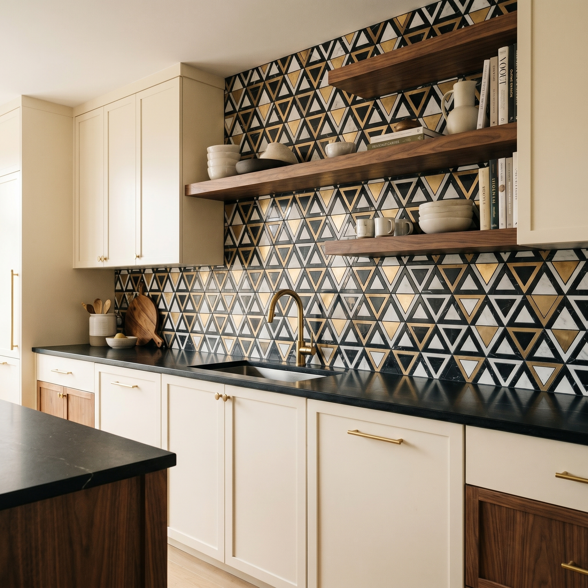 Peel and Stick Backsplash | Triangle Black White-Gold | 11.3×13.03"