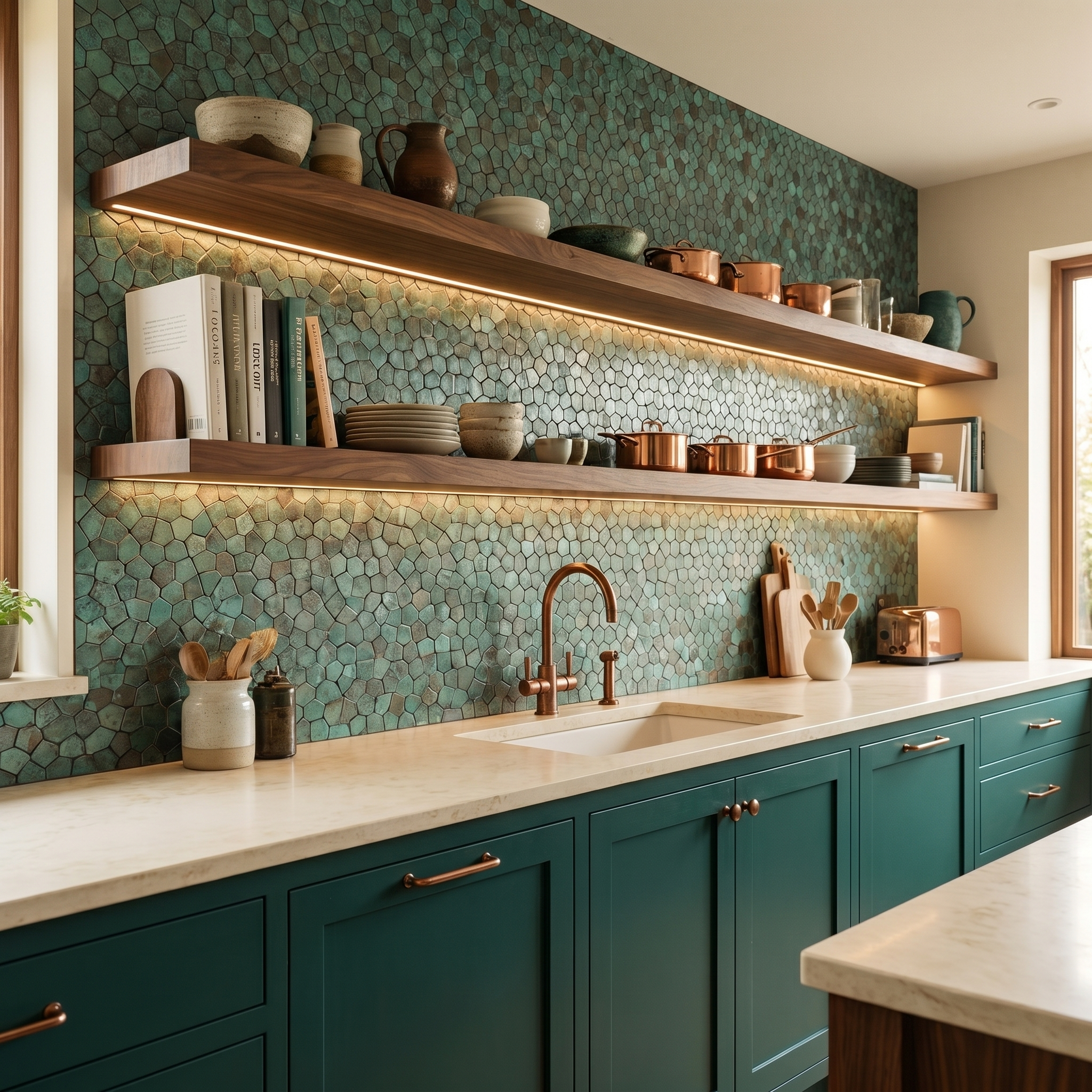 Peel and Stick Backsplash | Pentagon 3D Patina Copper | 11.1×11.1"